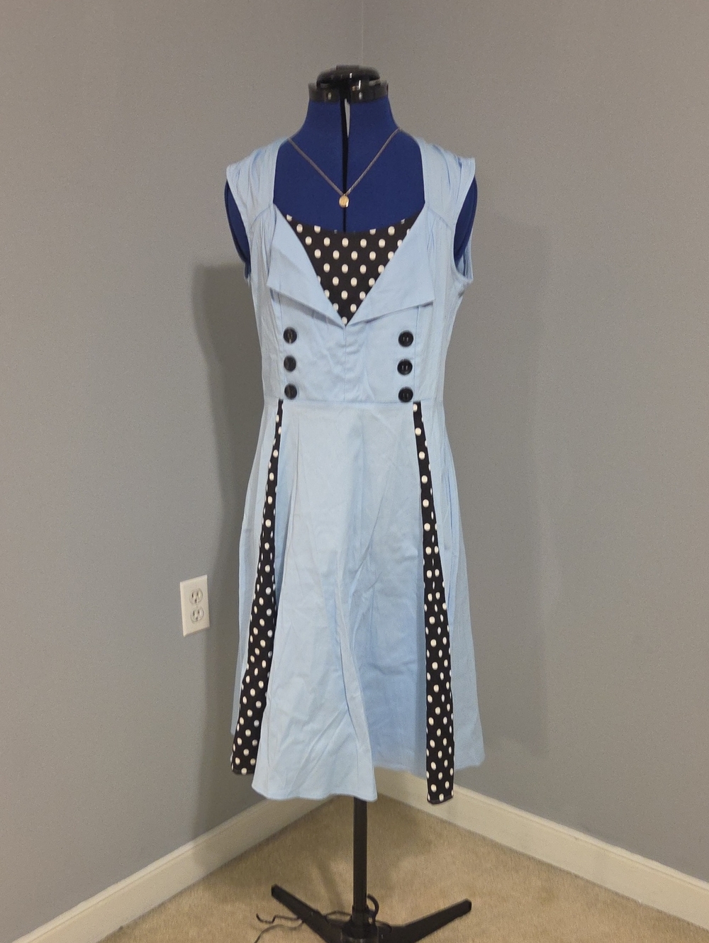 Light Blue Sleeveless Midi Dress with Black Polka Dot Insets